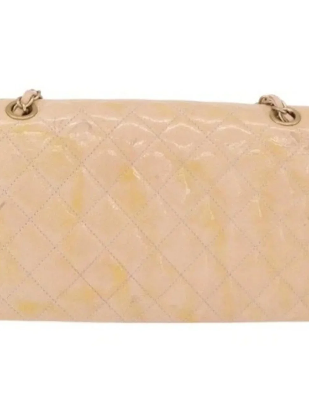 CHANEL Matelasse Chain Shoulder Bag Patent leather Beige Gold CC Auth 179868A